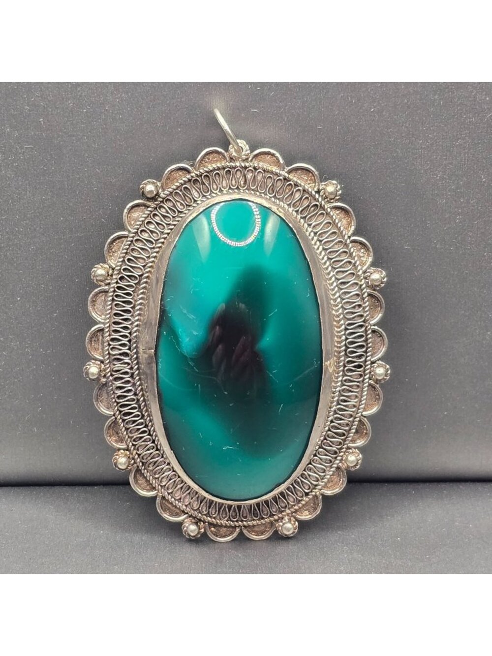 Vintage Jerusalem Sterling Silver Green Glass Pendant Victorian Revival Filigree